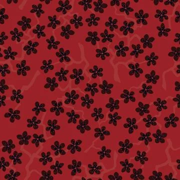 Seamless pattern with blossoming Japanese cherry sakura.Black flowers on red  Illustrazione stock