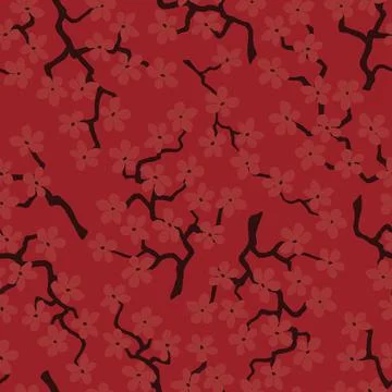Seamless pattern with blossoming Japanese cherry sakura.Terracotta flowers on Stock Illustration