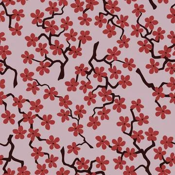 Seamless pattern with blossoming Japanese cherry sakura.Terracotta flowers on Stock Illustration
