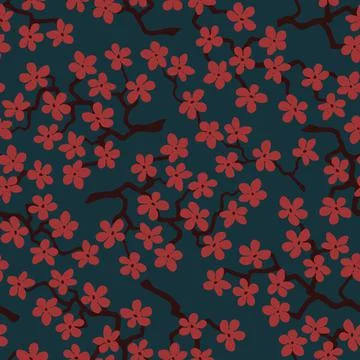 Seamless pattern with blossoming Japanese cherry sakura.Terracotta flowers on Stock Illustration