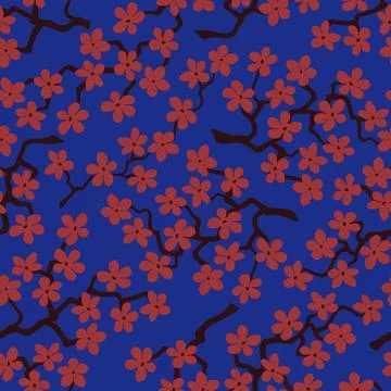 Seamless pattern with blossoming Japanese cherry sakura. Red flowers on blue  Stock Illustration