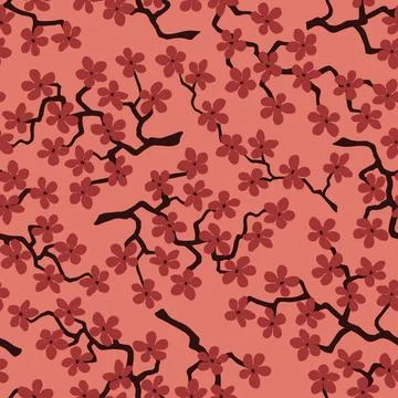 Seamless pattern with blossoming Japanese cherry sakura. Terracotta flowers o Illustrazione stock