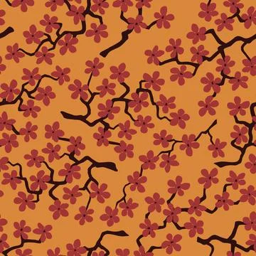 Seamless pattern with blossoming Japanese cherry sakura.Terracotta flowers on Illustrazione stock