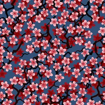 Seamless pattern with blossoming Japanese cherry sakura branches for fabric,  Stock Illustration