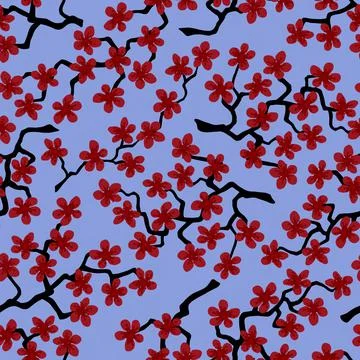 Seamless pattern with blossoming Japanese cherry sakura branches for fabric,  イラスト素材