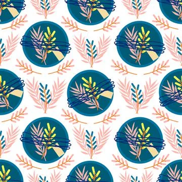 Seamless pattern with blu gift boxes and yellow and soft pink leaves. Cute Stock Illustration