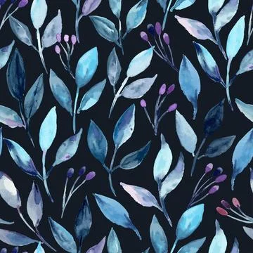 Seamless pattern with blue abstract leaves and floral buds. Watercolor hand Illustrazione stock