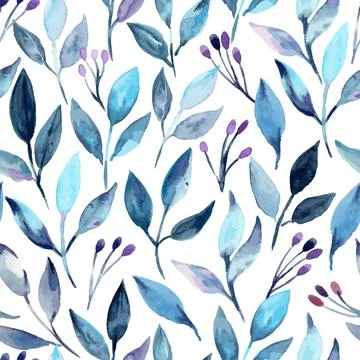 Seamless pattern with blue abstract leaves and floral buds. Watercolor hand Stock Illustration