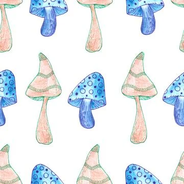 Seamless pattern of blue and brown mushrooms isolated on white, hand drawn Stock Illustration