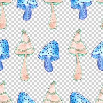 Seamless pattern of blue and brown mushrooms isolated on white, hand drawn Stock Illustration