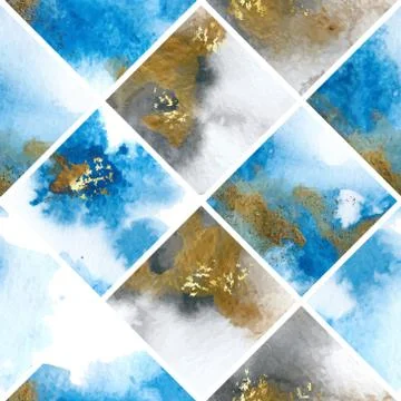 Seamless pattern with blue and gold marble watercolor texture. Vector Stock Illustration