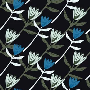 Seamless pattern with blue and indigo colors tulip floral ornament. Black bac Stock Illustration