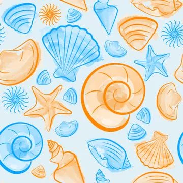 Seamless pattern with blue and orange seashells Stock Illustration