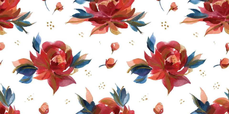 Seamless pattern with blue and orange folk roses Stock Illustration