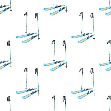 Seamless pattern of blue and orange skis and ski poles standing on white Stock-Illustration