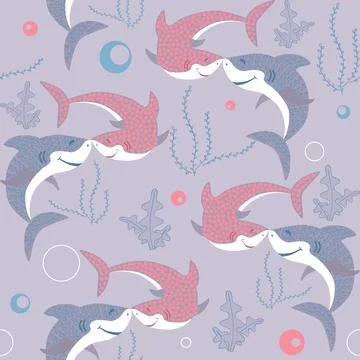 Seamless pattern with blue and pink baby sharks, seeweed, bubbles on purple Stock Illustration