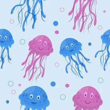 Seamless pattern with blue and pink jellyfish. Stock Illustration