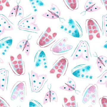Seamless pattern of blue and pink dotty moths hand painted watercolor Stock Illustration