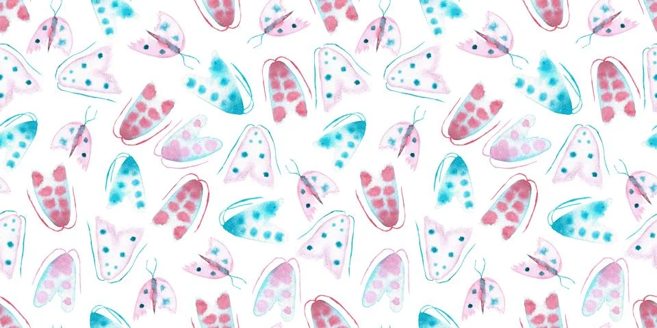 Seamless pattern of blue and pink dotty moths hand painted watercolor Stockillustratie