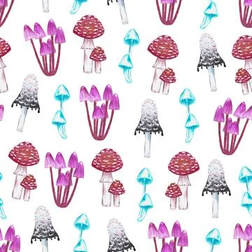 Seamless pattern of blue and pink mushrooms, fly agaric and ink cap Stock Illustration