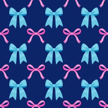 Seamless pattern with blue and pink ribbon bows on dark blue background Stock Illustration