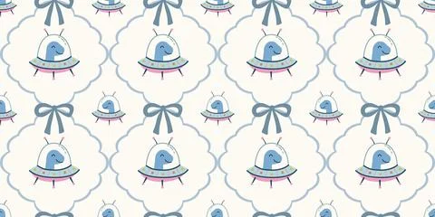 Seamless pattern with blue and pink cartoon birdcages and bow shapes on cream Stock Illustration