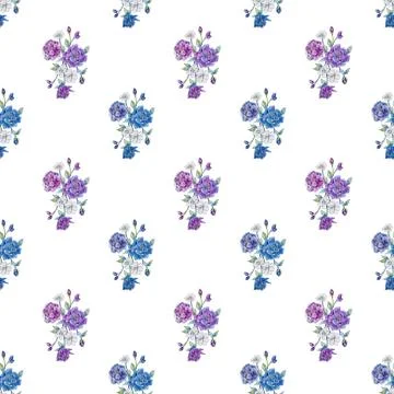 Seamless pattern of blue and purple flower on a white background. Stock Illustration