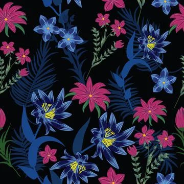 Seamless pattern with blue and purple flowers, vector  background Stock Illustration
