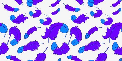 Seamless pattern with blue and purple feathers on a white background. Light 스톡 일러스트