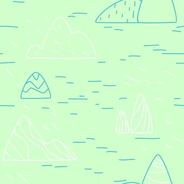 Seamless pattern with blue and white mountains and ricks in line art style on Stock Illustration