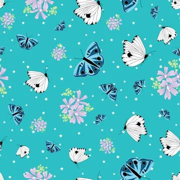 Seamless pattern with blue and white butterflies and flowers Stock Illustration