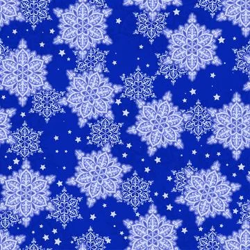 Seamless pattern of blue and white snowflakes and stars Stock Illustration
