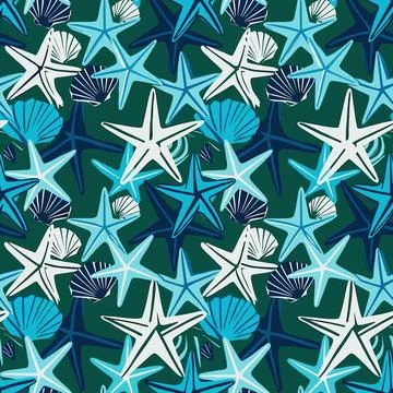 Seamless Pattern of Blue and White Starfish and Seashells on a Dark Green B.. Stock Illustration