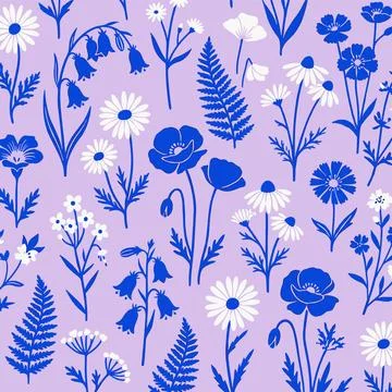Seamless Pattern with Blue and White Wildflowers on a Light Purple Background Stock Illustration