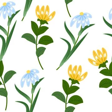 Seamless pattern with blue and yellow flowers. Floral decorative vector  back Illustrazione stock