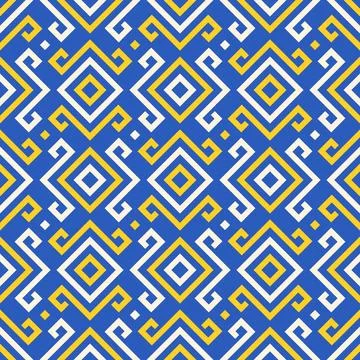 Seamless pattern with blue and yellow Greek key, ethnic art style, design gra Stock Illustration