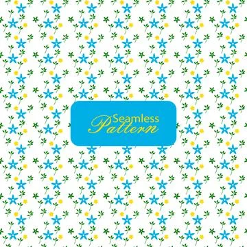 Seamless pattern of blue and yellow flowers with green leaves on white back.. Stock Illustration