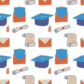 Seamless pattern with blue bachelor hat, manuscript Stock Illustration