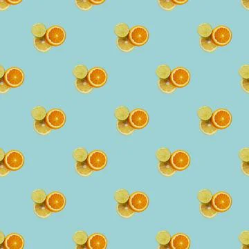 Seamless pattern on a blue background citrus lemon lime and orange Stock Photos