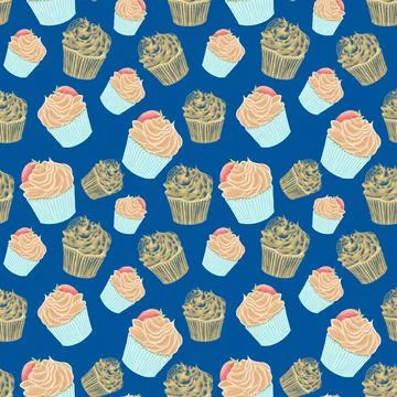 Seamless pattern on blue background with cupcakes, colorful illustrations and Stock Illustration