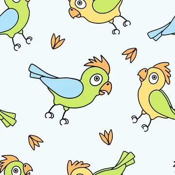 Seamless pattern on blue background green and yellow parrot Stock Illustration