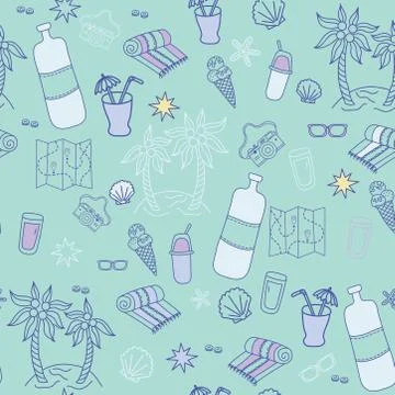 Seamless pattern. Blue background with marine themed travel. Cocktail and ice Stock Illustration