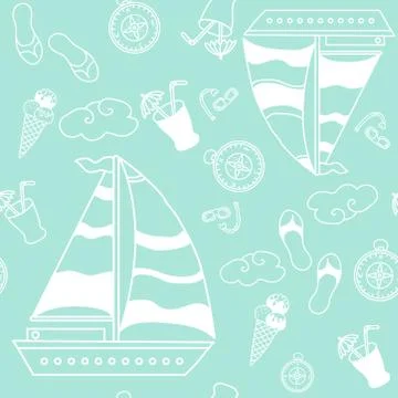 Seamless pattern. Blue background with a nautical theme. Ships, clouds with a Stock Illustration
