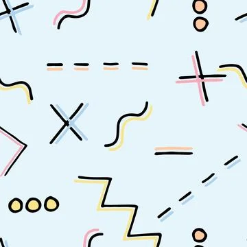 Seamless pattern on a blue background plus, minus, zigzag, wave, circles Stock Illustration