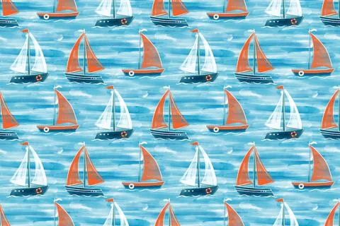 Seamless pattern. On a blue background, sailboats float on the water. Stock Illustration