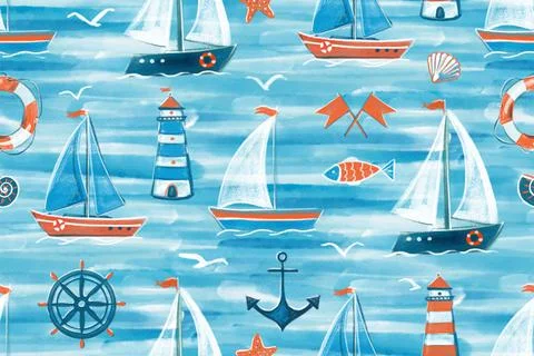 Seamless pattern. On a blue background, sailboats float on the water. Stock Illustration