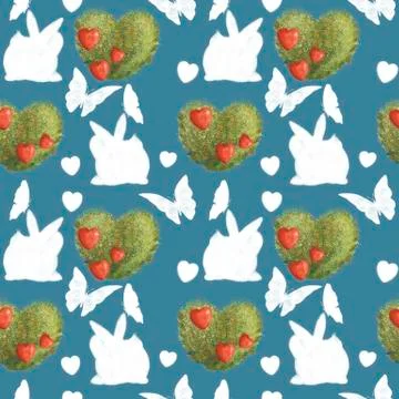 Seamless pattern on blue background. Silhouettes of rabbits and green plant Stock Illustration