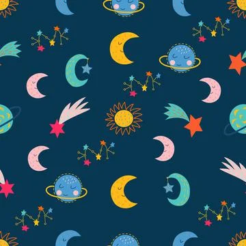 Seamless pattern on a blue background, in vector graphics - space elements in Stock Illustration