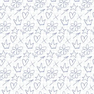 Seamless pattern of blue ballpoint pen doodles on squared notebook paper Stock Illustration