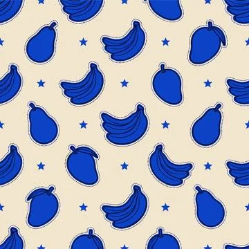 Seamless Pattern with Blue Bananas, Pears, and Mangoes on a Light Background. Stock Illustration